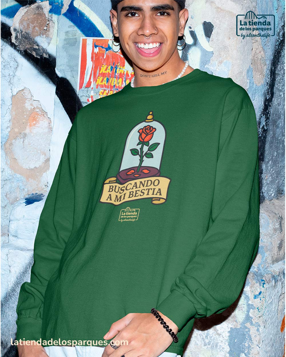 sudadera buscando a mi bestia sin gorro verde botella