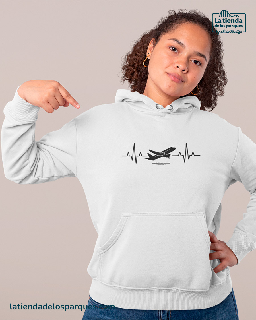 sudadera latidos viajeros con gorro blanca