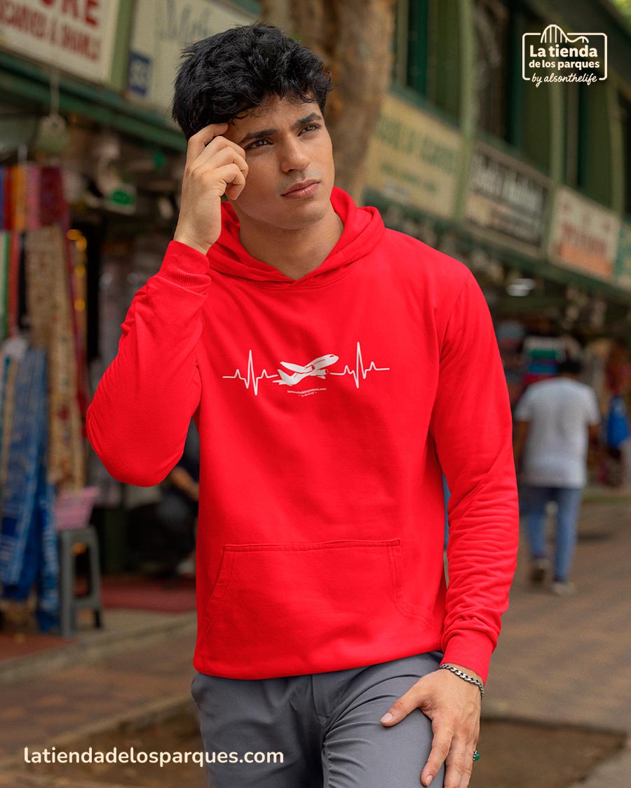 sudadera latidos viajeros con gorro rojo