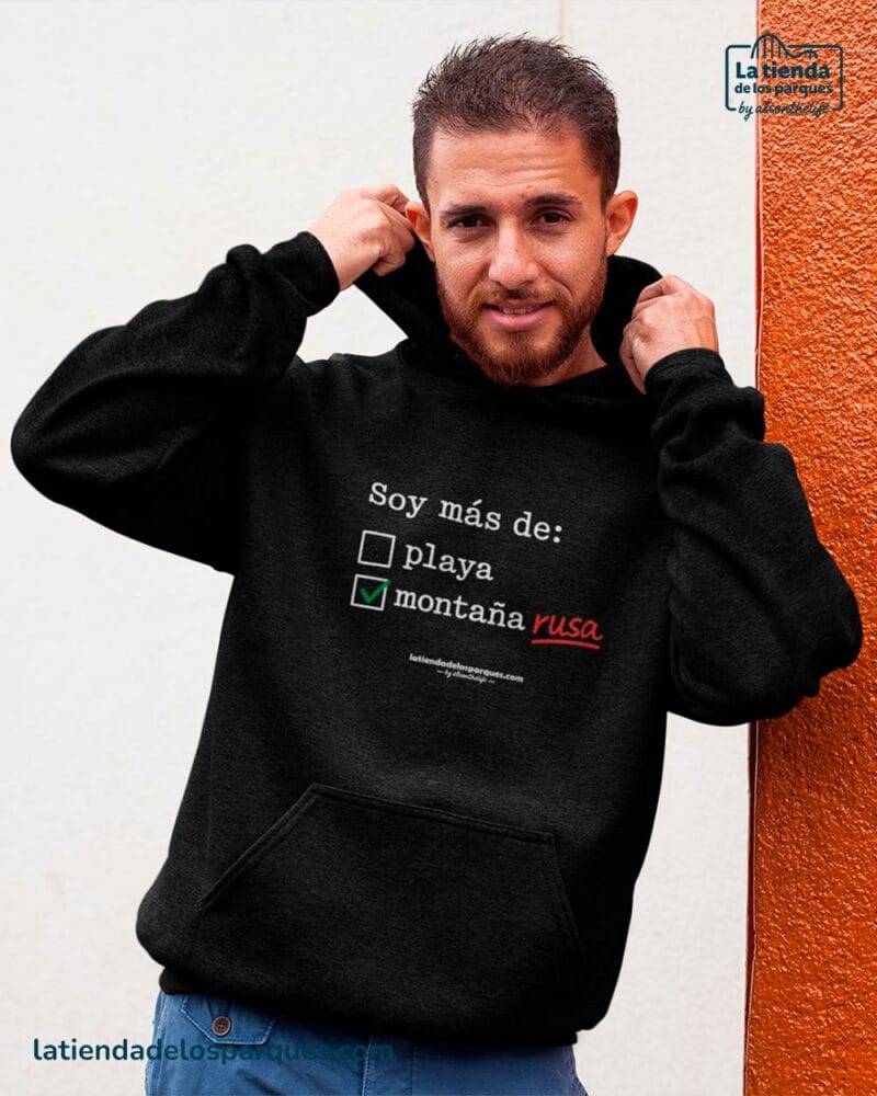 sudadera soy mas de montaña rusa con gorro negra